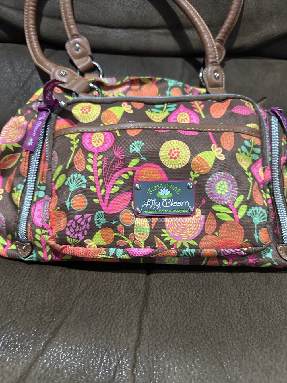Lily Bloom Brown Floral Shoulder Bag with Pink, Orange & Green Accents